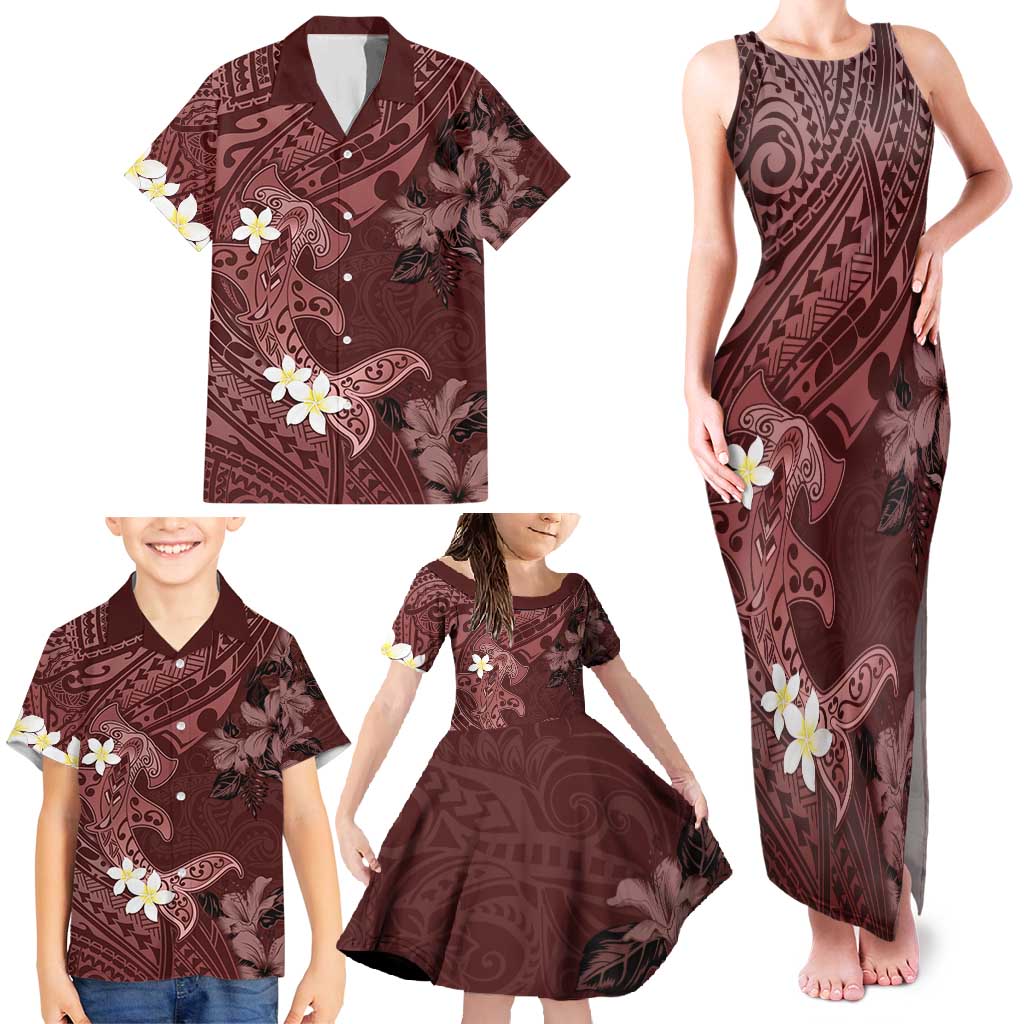 Polynesia Hammerhead Shark Family Matching Tank Maxi Dress and Hawaiian Shirt Tropical Flowers Tribal Pattern Oxblood