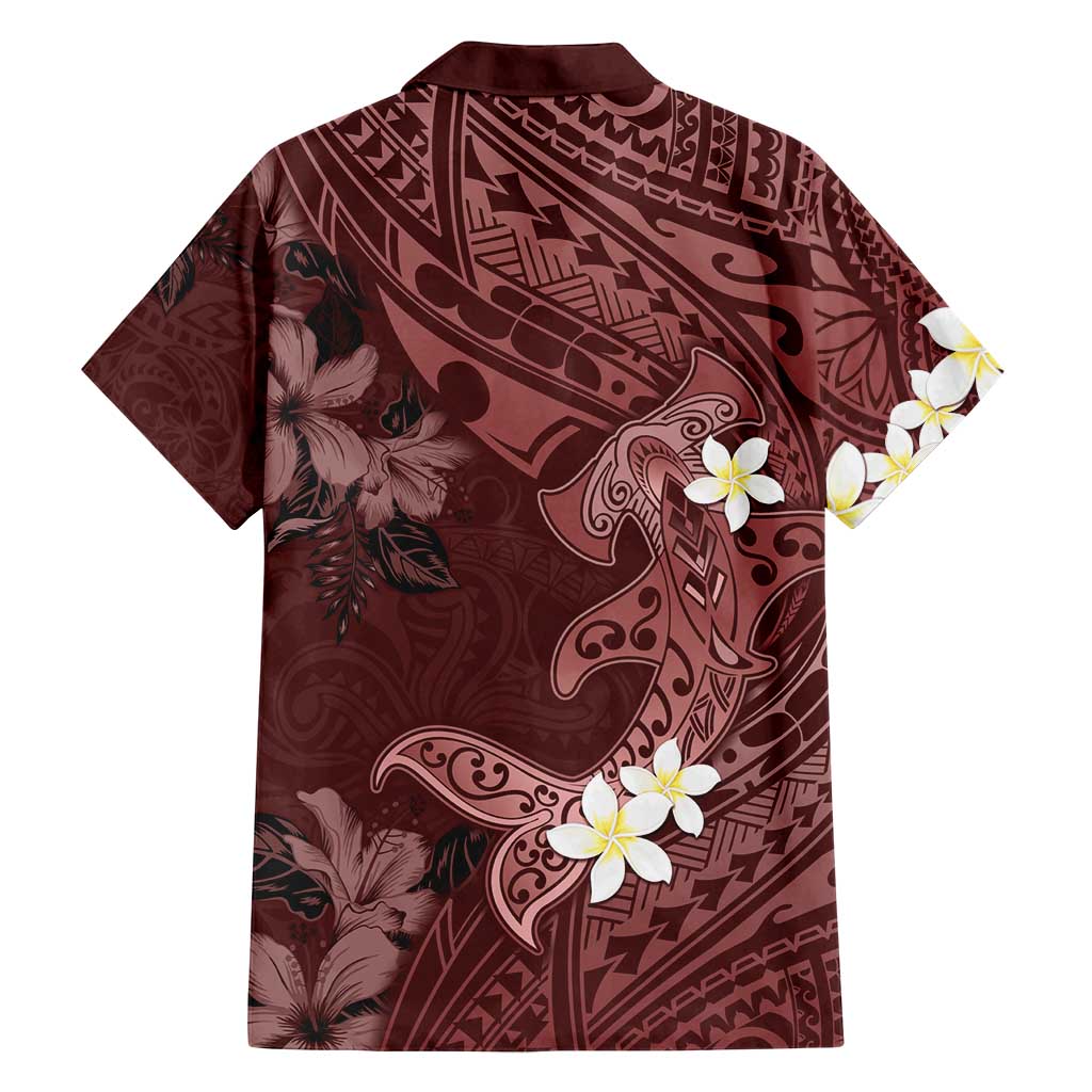 Polynesia Hammerhead Shark Family Matching Tank Maxi Dress and Hawaiian Shirt Tropical Flowers Tribal Pattern Oxblood
