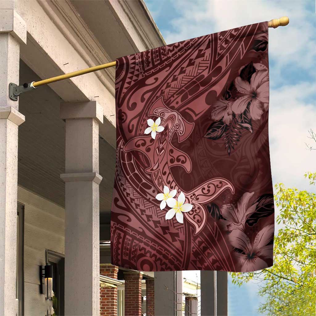 Polynesia Hammerhead Shark Garden Flag Tropical Flowers Tribal Pattern Oxblood LT05 House Flag Oxblood - Polynesian Pride