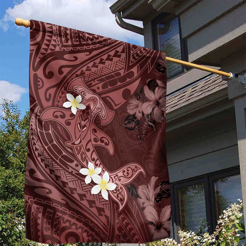 Polynesia Hammerhead Shark Garden Flag Tropical Flowers Tribal Pattern Oxblood LT05 - Polynesian Pride