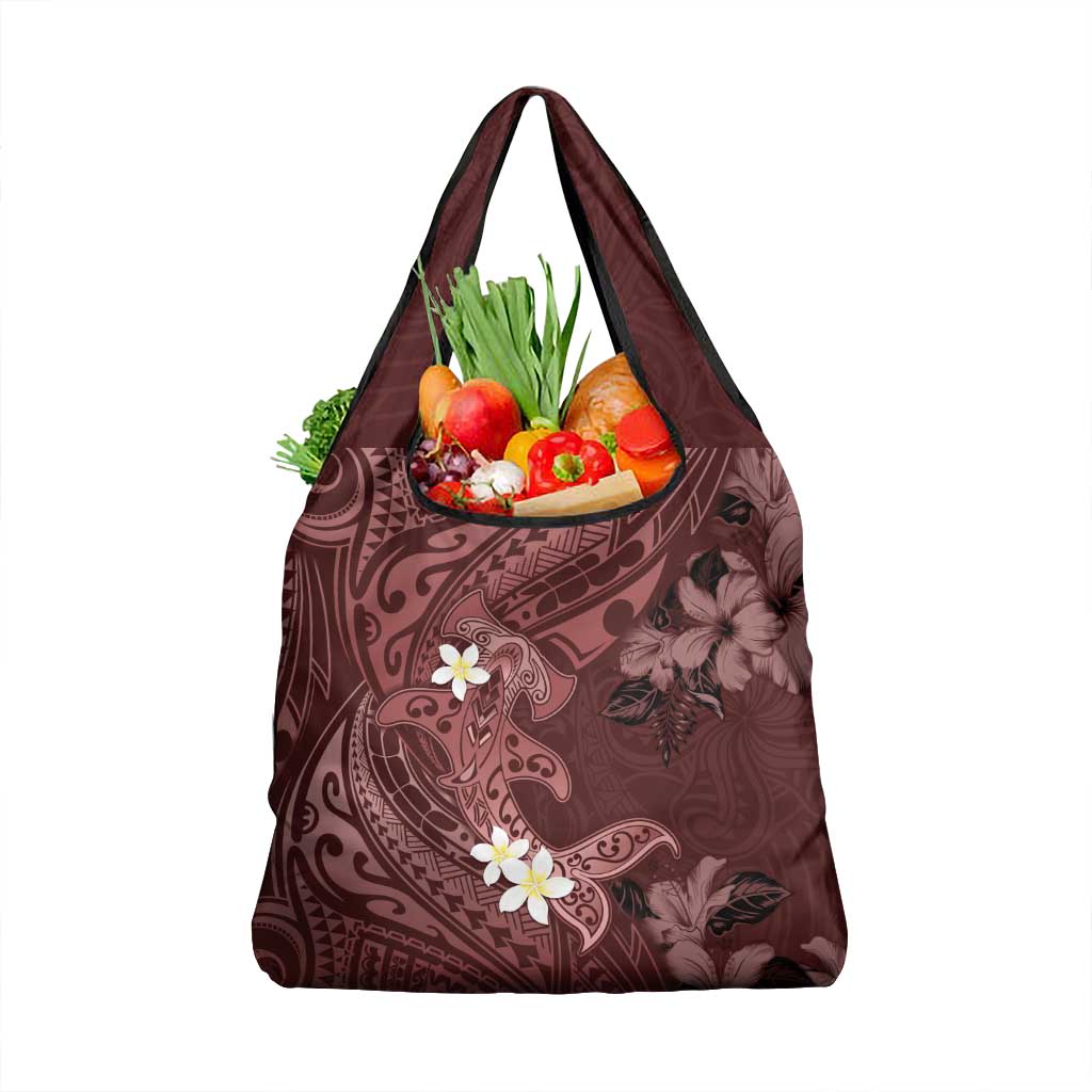 Polynesia Hammerhead Shark Grocery Bag Tropical Flowers Tribal Pattern Oxblood LT05 1-pack One Size Oxblood - Polynesian Pride