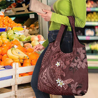 Polynesia Hammerhead Shark Grocery Bag Tropical Flowers Tribal Pattern Oxblood