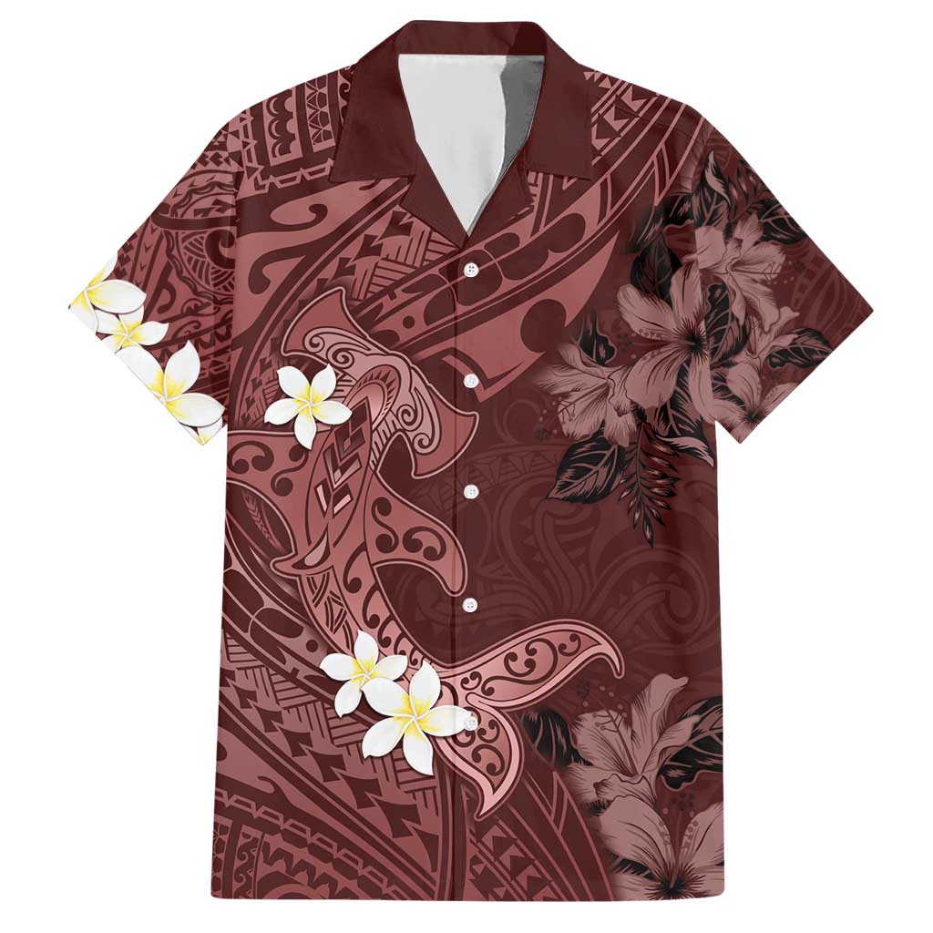 Polynesia Hammerhead Shark Hawaiian Shirt Tropical Flowers Tribal Pattern Oxblood LT05 Oxblood - Polynesian Pride