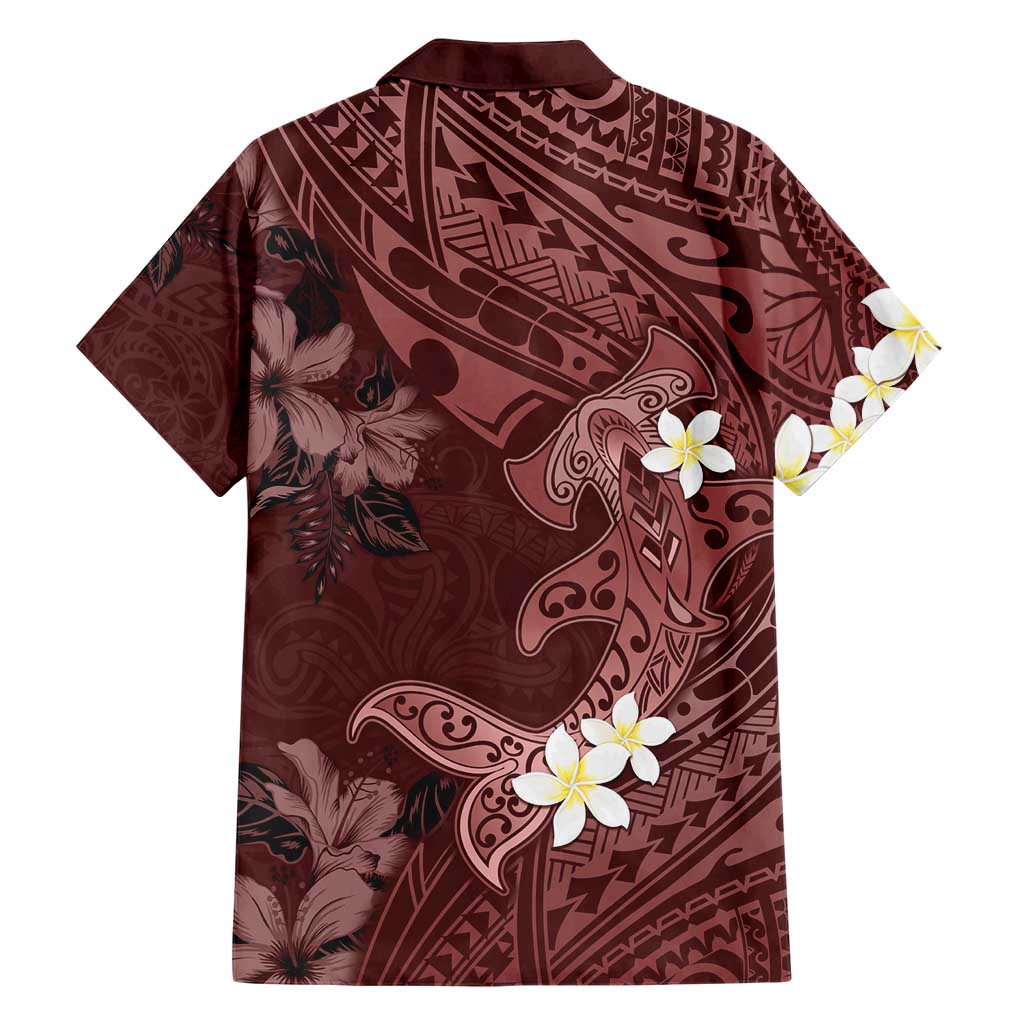 Polynesia Hammerhead Shark Hawaiian Shirt Tropical Flowers Tribal Pattern Oxblood LT05 - Polynesian Pride