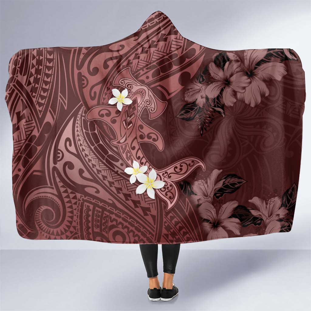 Polynesia Hammerhead Shark Hooded Blanket Tropical Flowers Tribal Pattern Oxblood