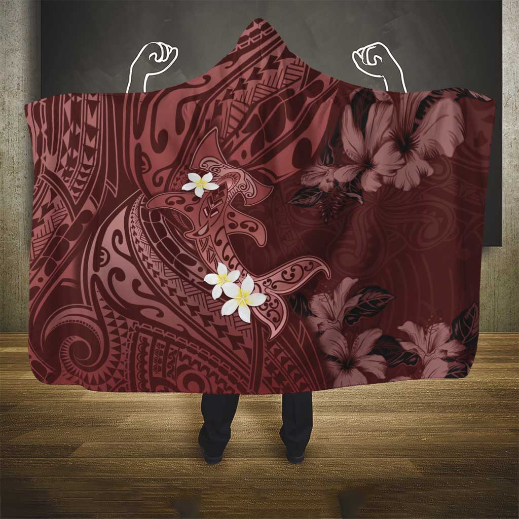 Polynesia Hammerhead Shark Hooded Blanket Tropical Flowers Tribal Pattern Oxblood LT05 - Polynesian Pride