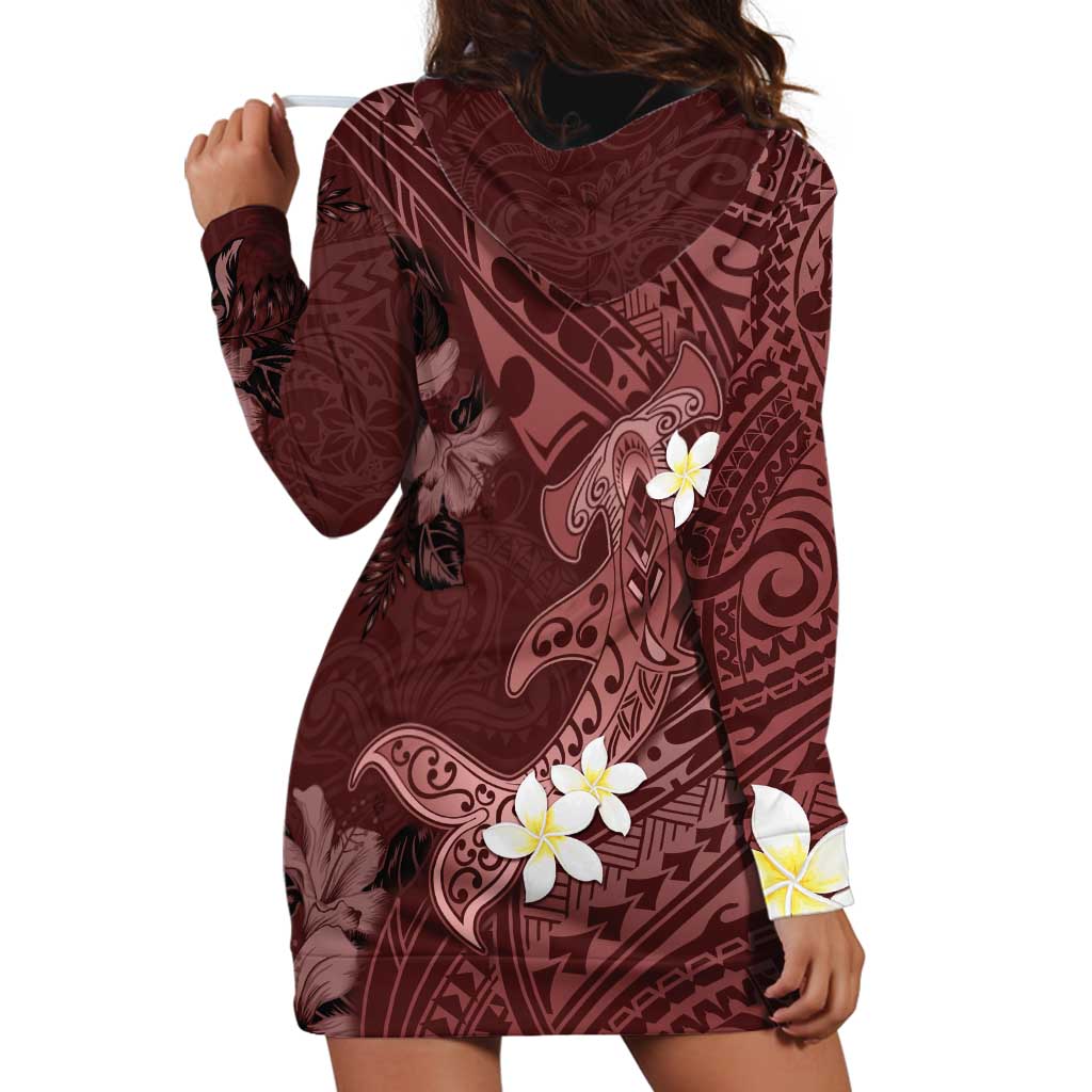 Polynesia Hammerhead Shark Hoodie Dress Tropical Flowers Tribal Pattern Oxblood LT05 - Polynesian Pride