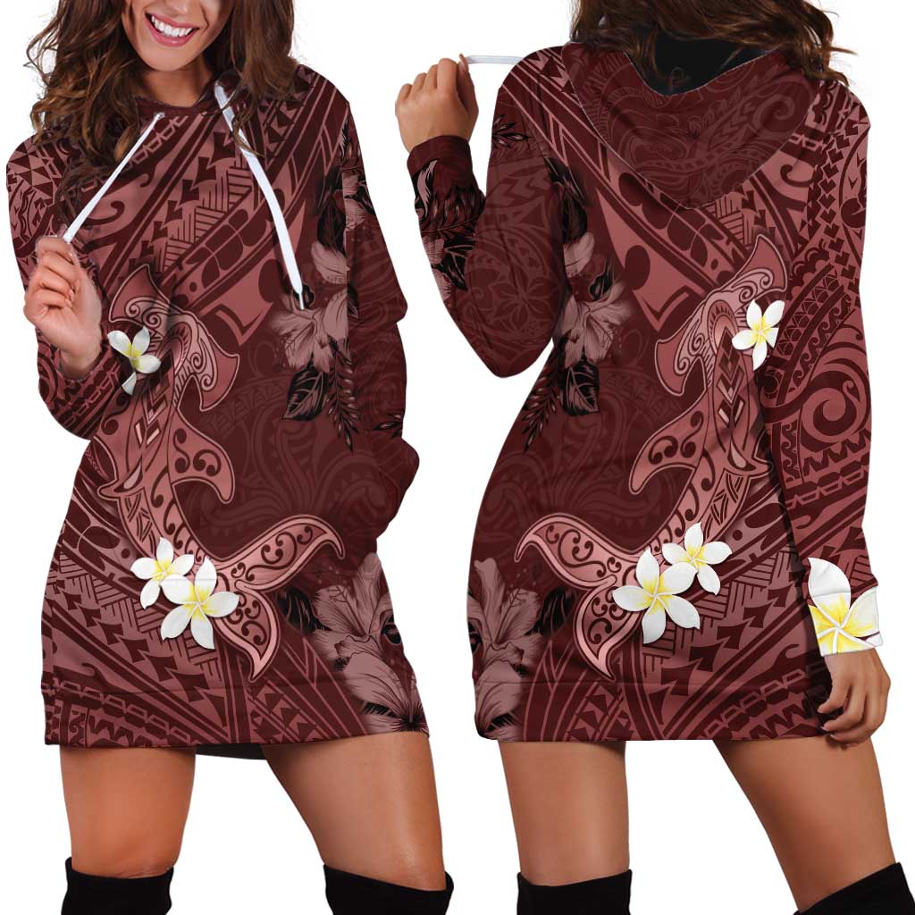 Polynesia Hammerhead Shark Hoodie Dress Tropical Flowers Tribal Pattern Oxblood LT05 - Polynesian Pride