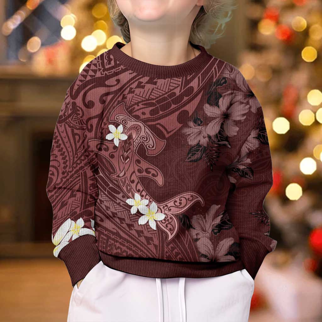 Polynesia Hammerhead Shark Kid Ugly Christmas Sweater Tropical Flowers Tribal Pattern Oxblood