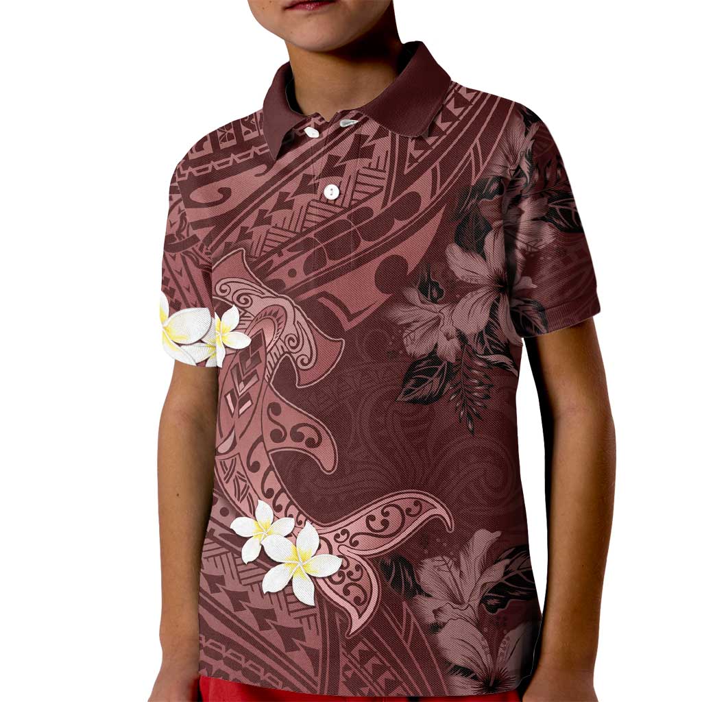 Polynesia Hammerhead Shark Kid Polo Shirt Tropical Flowers Tribal Pattern Oxblood