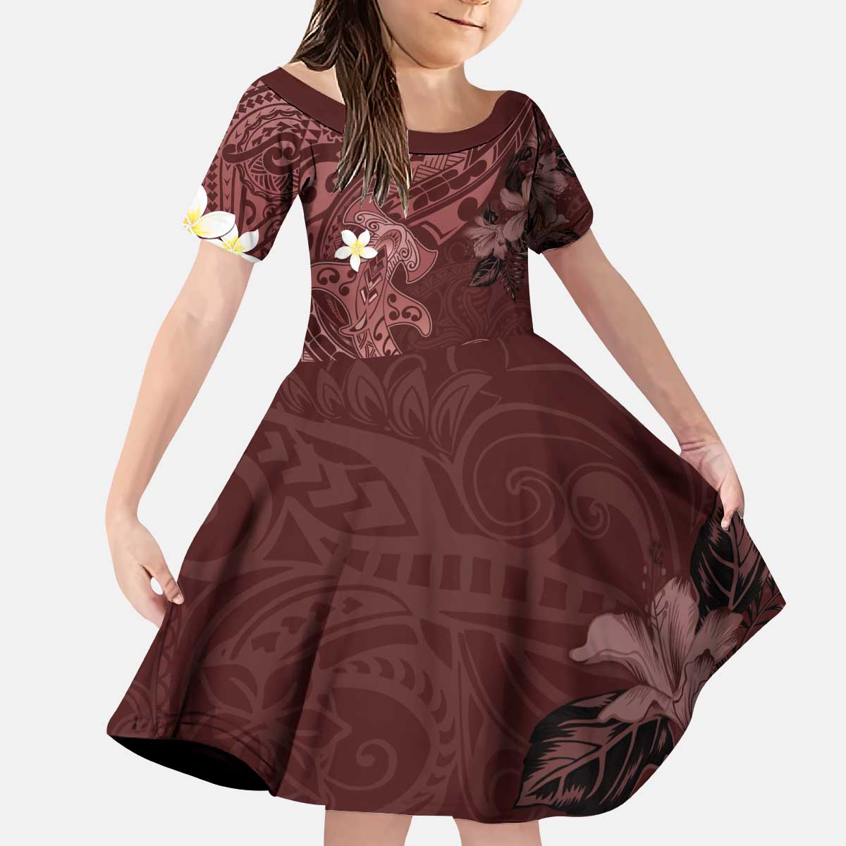 Polynesia Hammerhead Shark Kid Short Sleeve Dress Tropical Flowers Tribal Pattern Oxblood