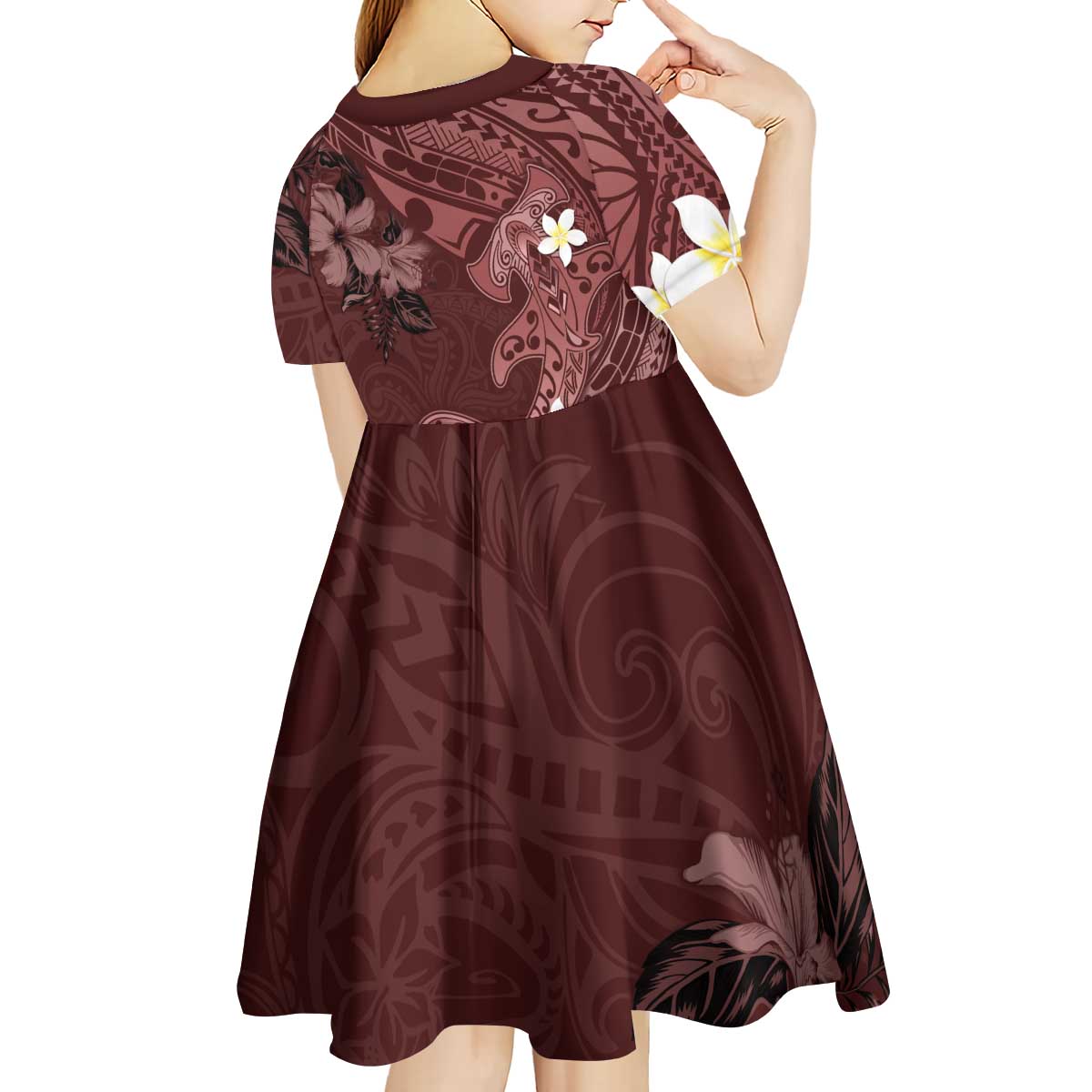Polynesia Hammerhead Shark Kid Short Sleeve Dress Tropical Flowers Tribal Pattern Oxblood