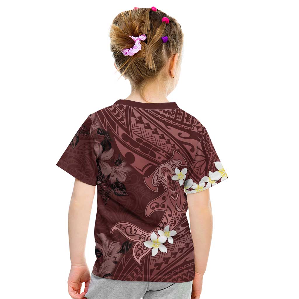 Polynesia Hammerhead Shark Kid T Shirt Tropical Flowers Tribal Pattern Oxblood
