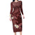 Polynesia Hammerhead Shark Long Sleeve Bodycon Dress Tropical Flowers Tribal Pattern Oxblood