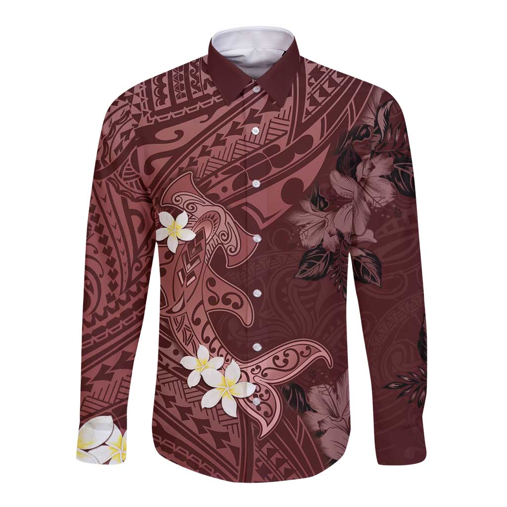 Polynesia Hammerhead Shark Long Sleeve Button Shirt Tropical Flowers Tribal Pattern Oxblood