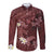 Polynesia Hammerhead Shark Long Sleeve Button Shirt Tropical Flowers Tribal Pattern Oxblood