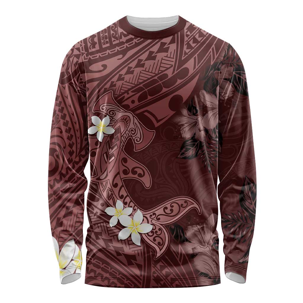 Polynesia Hammerhead Shark Long Sleeve Shirt Tropical Flowers Tribal Pattern Oxblood