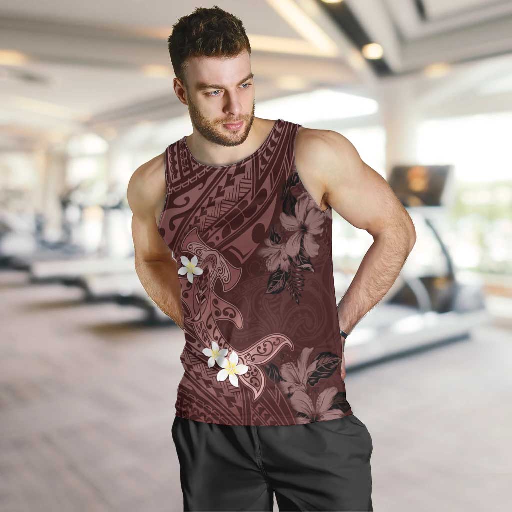 Polynesia Hammerhead Shark Men Tank Top Tropical Flowers Tribal Pattern Oxblood