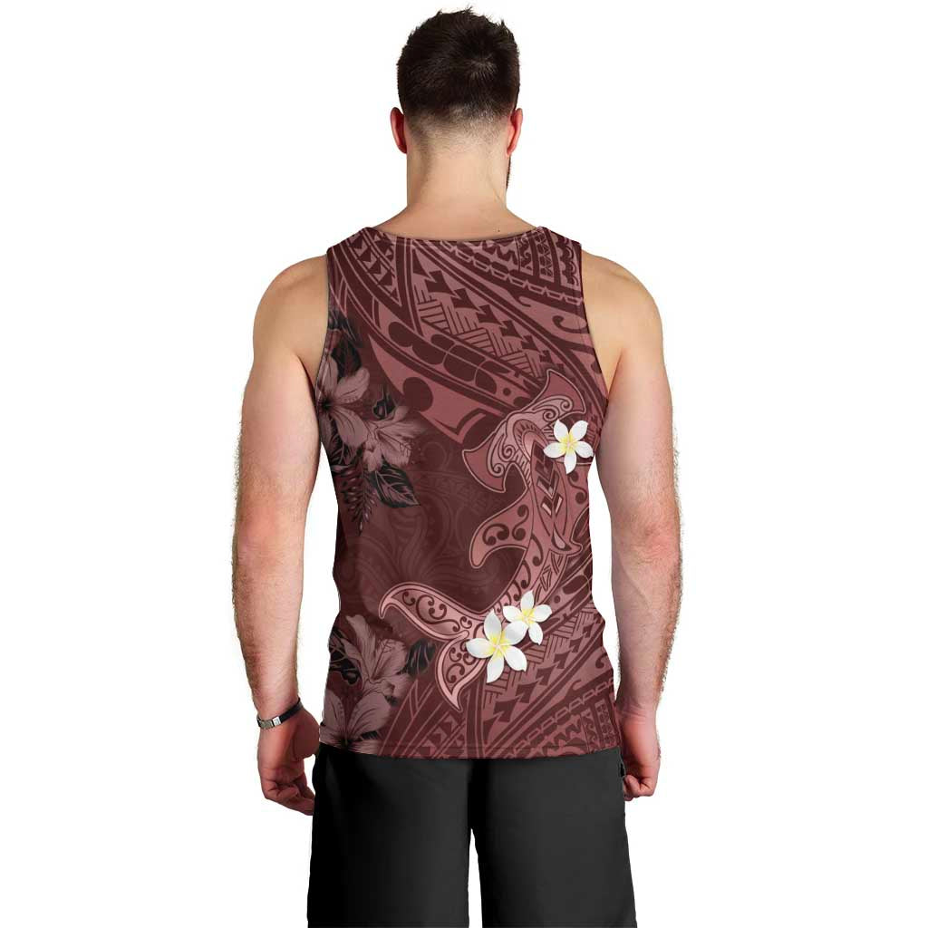 Polynesia Hammerhead Shark Men Tank Top Tropical Flowers Tribal Pattern Oxblood LT05 - Polynesian Pride