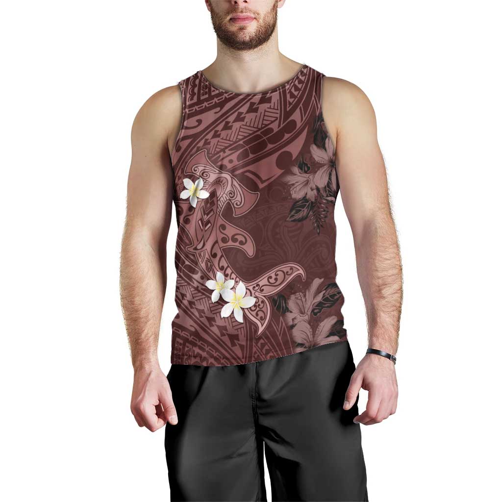 Polynesia Hammerhead Shark Men Tank Top Tropical Flowers Tribal Pattern Oxblood LT05 - Polynesian Pride