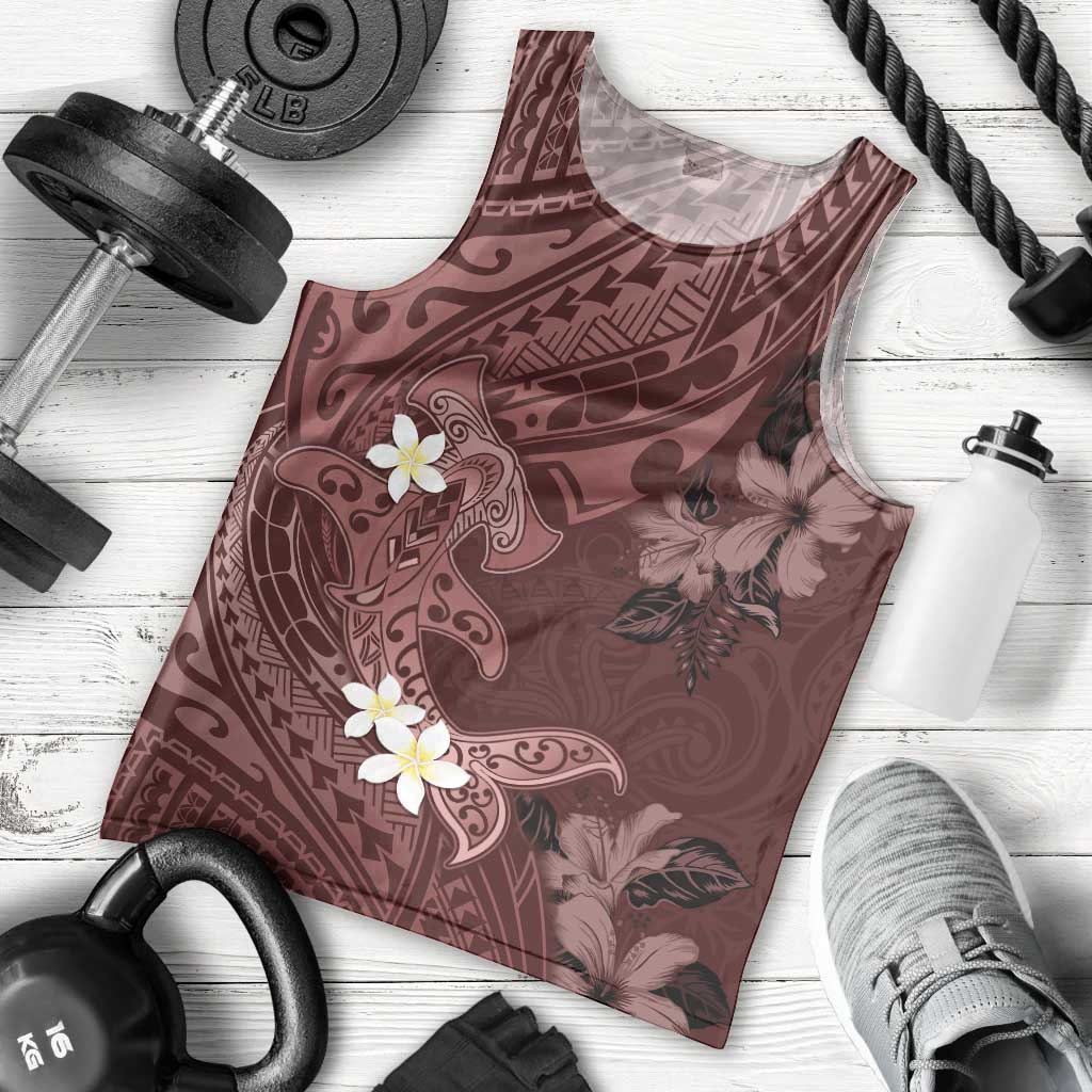 Polynesia Hammerhead Shark Men Tank Top Tropical Flowers Tribal Pattern Oxblood LT05 - Polynesian Pride
