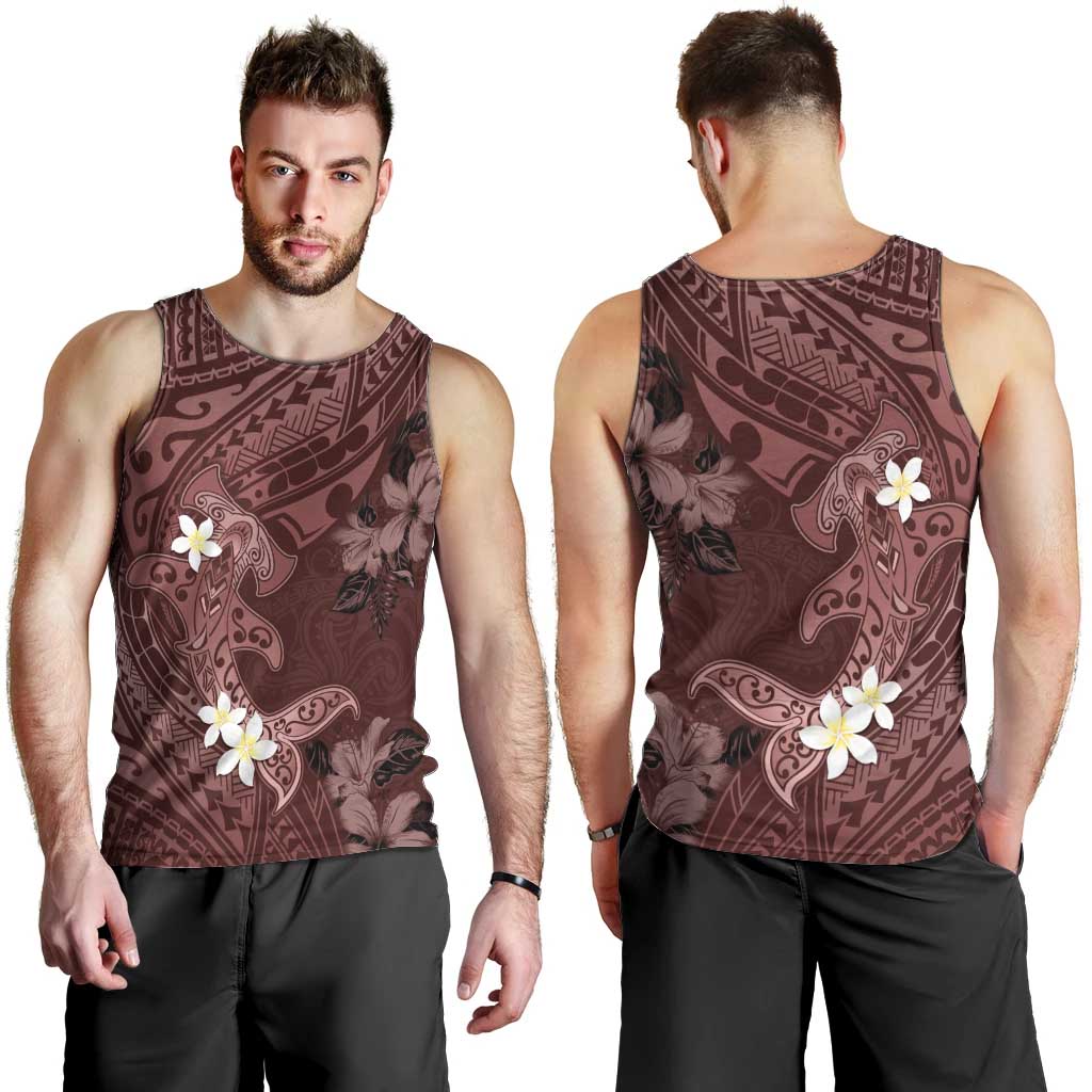 Polynesia Hammerhead Shark Men Tank Top Tropical Flowers Tribal Pattern Oxblood LT05 - Polynesian Pride