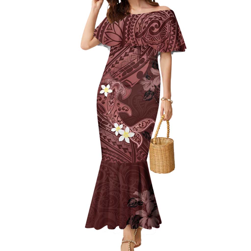 Polynesia Hammerhead Shark Mermaid Dress Tropical Flowers Tribal Pattern Oxblood