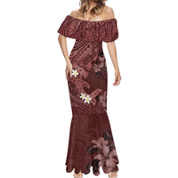 Polynesia Hammerhead Shark Mermaid Dress Tropical Flowers Tribal Pattern Oxblood