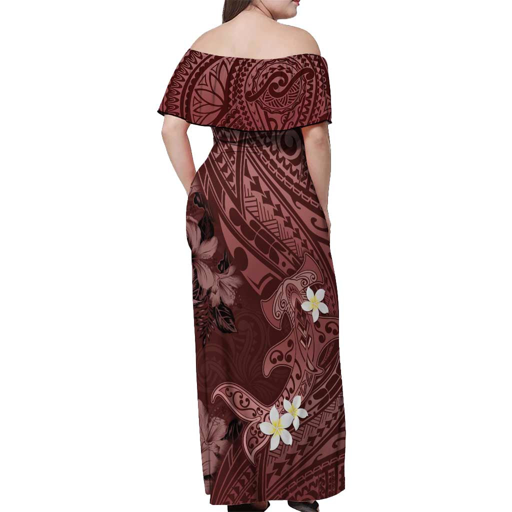 Polynesia Hammerhead Shark Off Shoulder Maxi Dress Tropical Flowers Tribal Pattern Oxblood LT05 - Polynesian Pride
