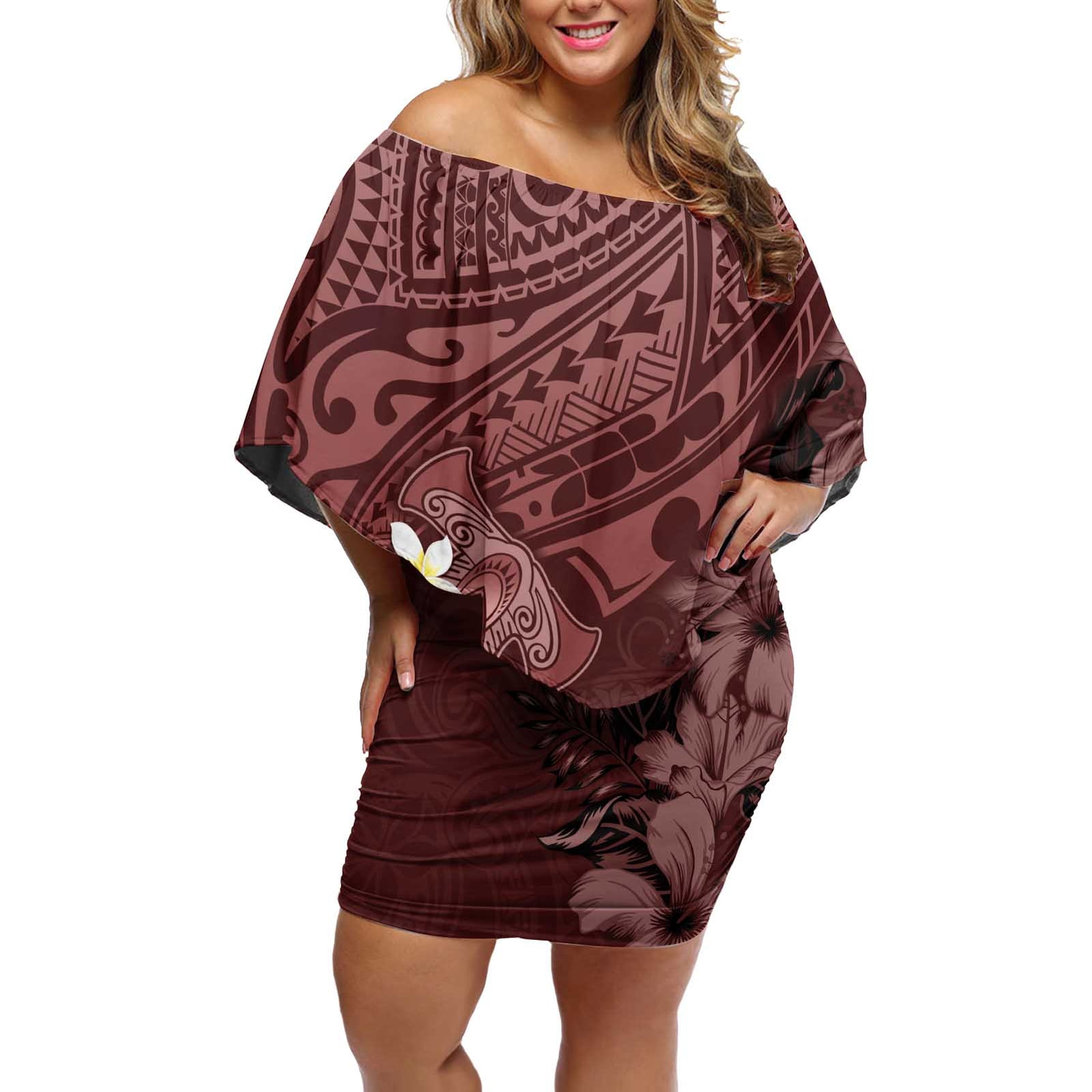 Polynesia Hammerhead Shark Off Shoulder Short Dress Tropical Flowers Tribal Pattern Oxblood LT05 Women Oxblood - Polynesian Pride