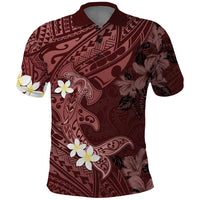 Polynesia Hammerhead Shark Polo Shirt Tropical Flowers Tribal Pattern Oxblood