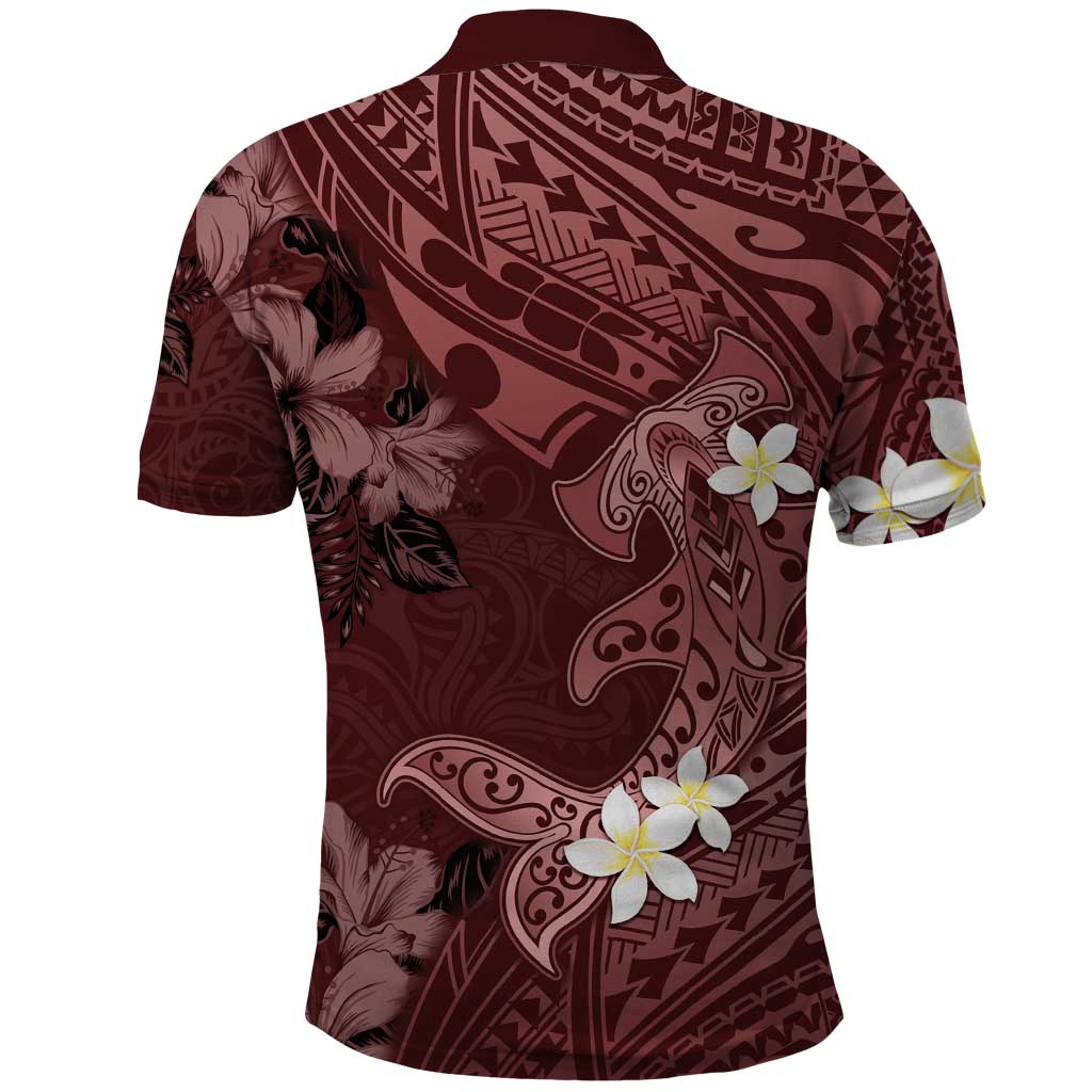 Polynesia Hammerhead Shark Polo Shirt Tropical Flowers Tribal Pattern Oxblood