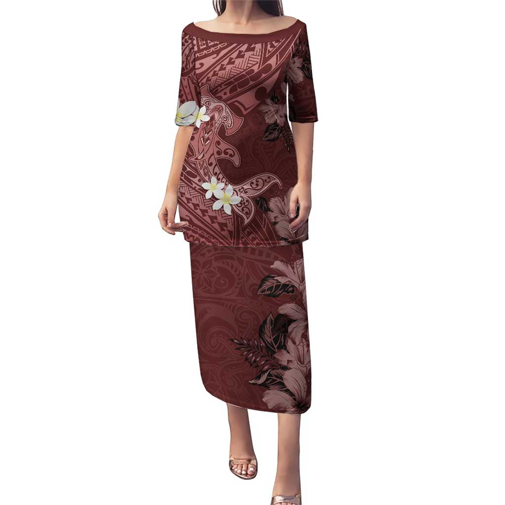 Polynesia Hammerhead Shark Puletasi Tropical Flowers Tribal Pattern Oxblood LT05 Long Dress Oxblood - Polynesian Pride