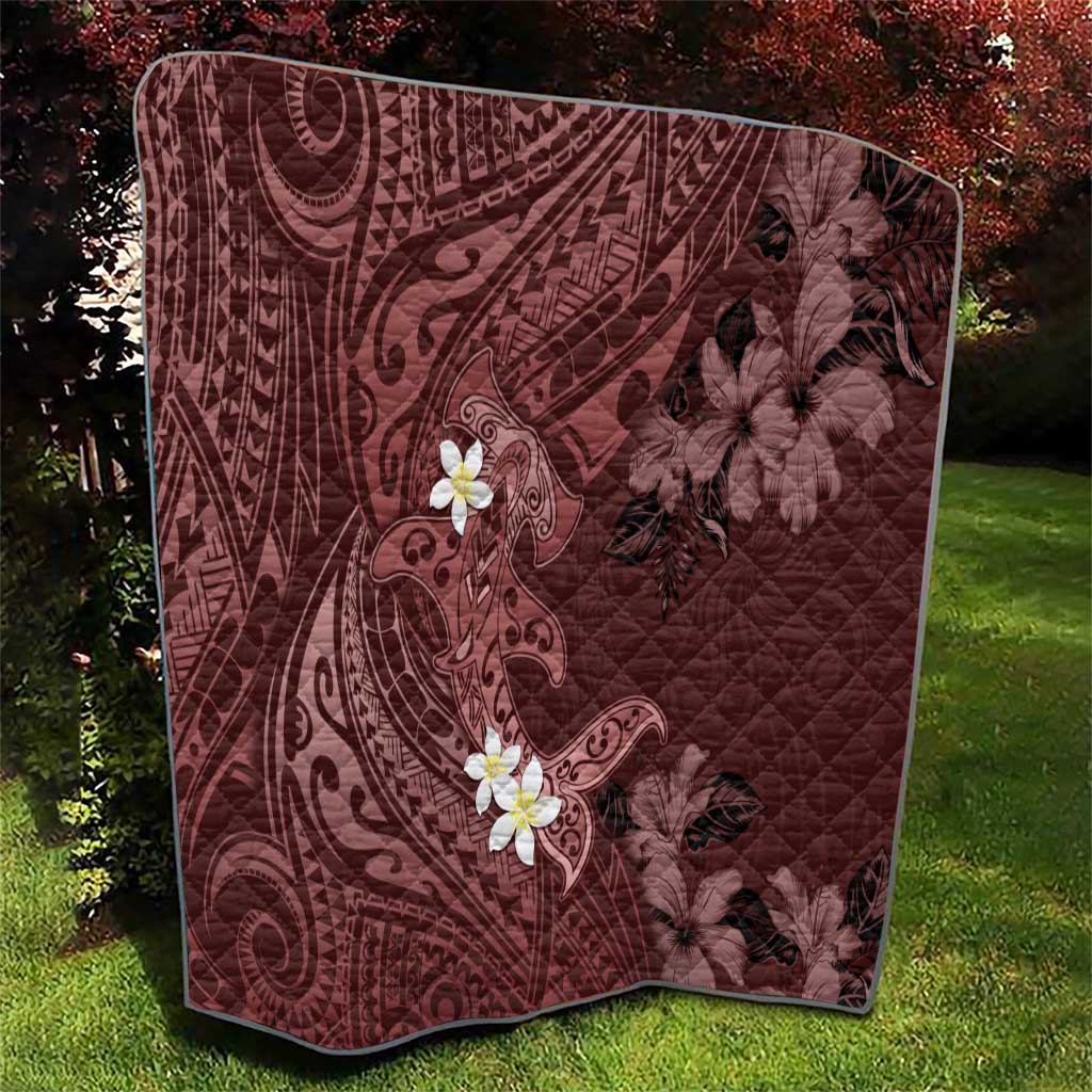 Polynesia Hammerhead Shark Quilt Tropical Flowers Tribal Pattern Oxblood