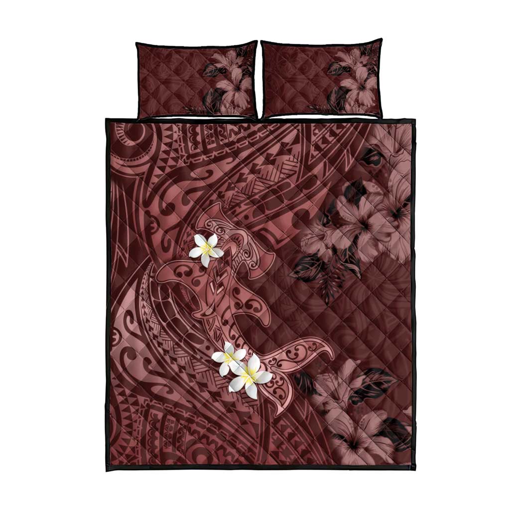 Polynesia Hammerhead Shark Quilt Bed Set Tropical Flowers Tribal Pattern Oxblood LT05 - Polynesian Pride