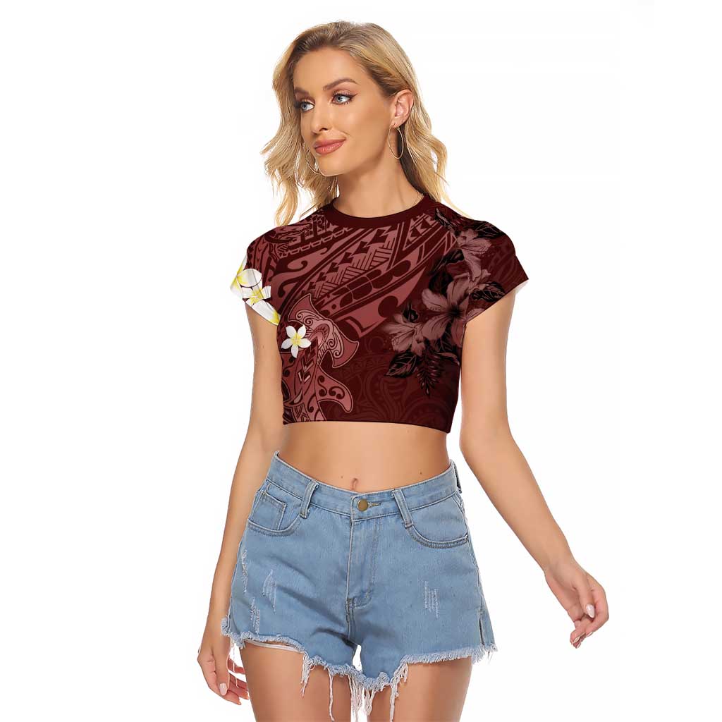 Polynesia Hammerhead Shark Raglan Cropped T Shirt Tropical Flowers Tribal Pattern Oxblood