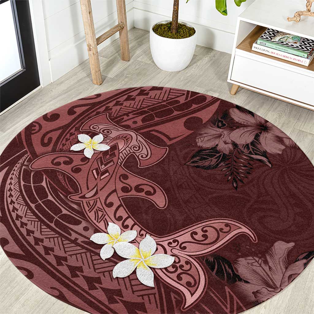 Polynesia Hammerhead Shark Round Carpet Tropical Flowers Tribal Pattern Oxblood