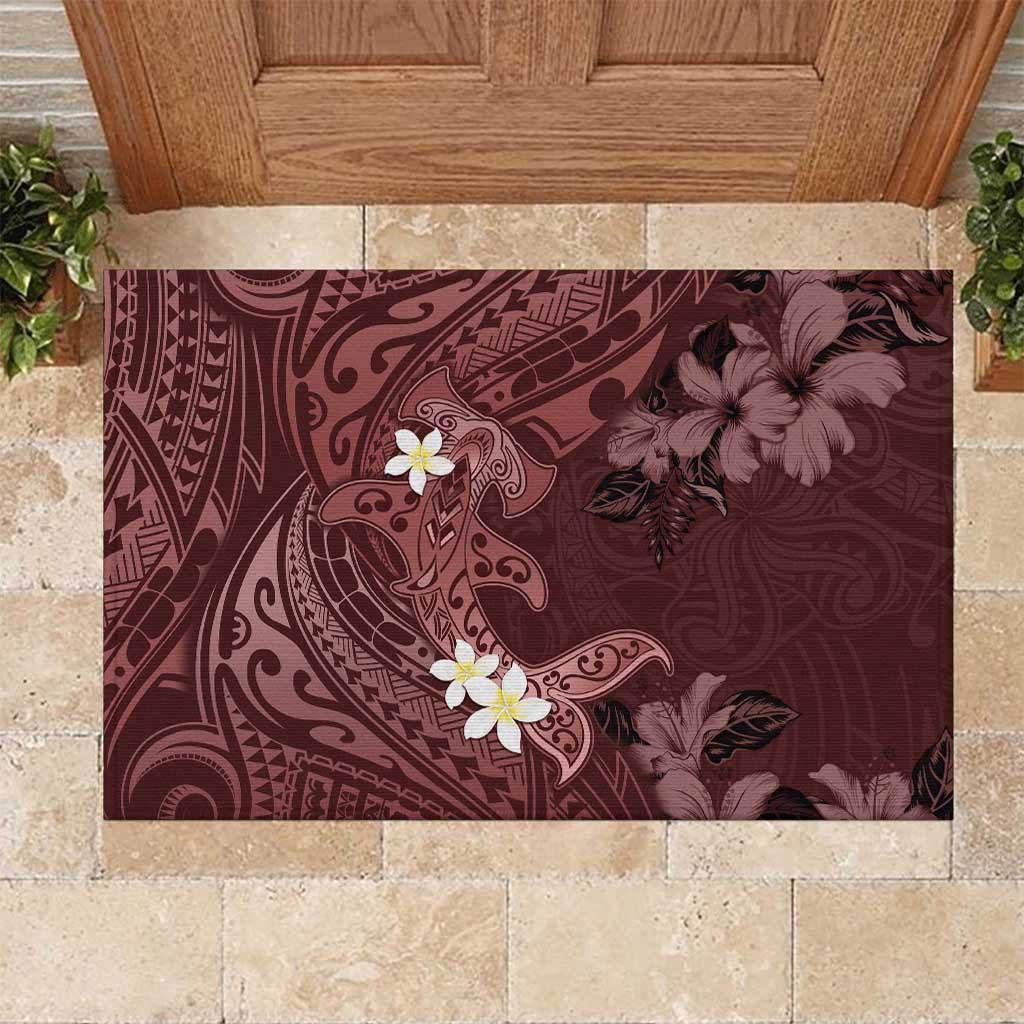 Polynesia Hammerhead Shark Rubber Doormat Tropical Flowers Tribal Pattern Oxblood LT05 Oxblood - Polynesian Pride