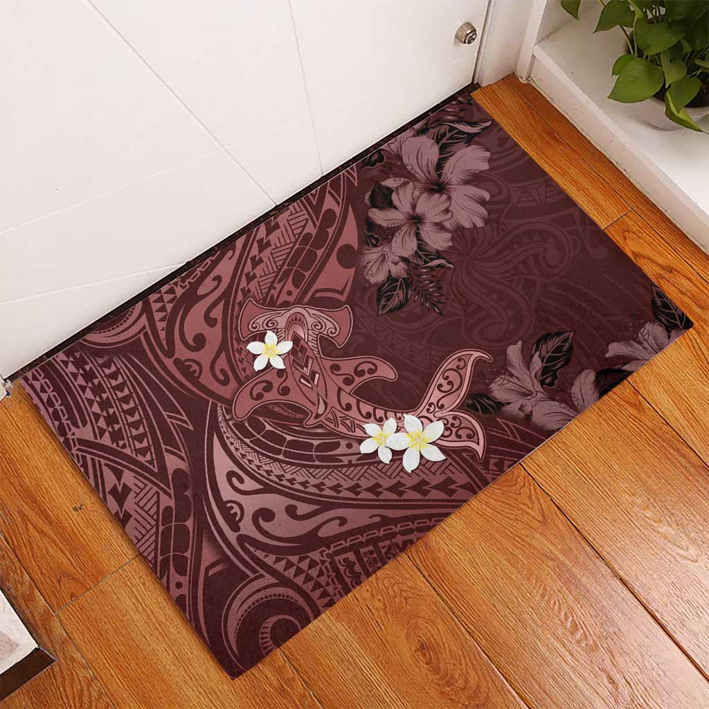 Polynesia Hammerhead Shark Rubber Doormat Tropical Flowers Tribal Pattern Oxblood LT05 - Polynesian Pride