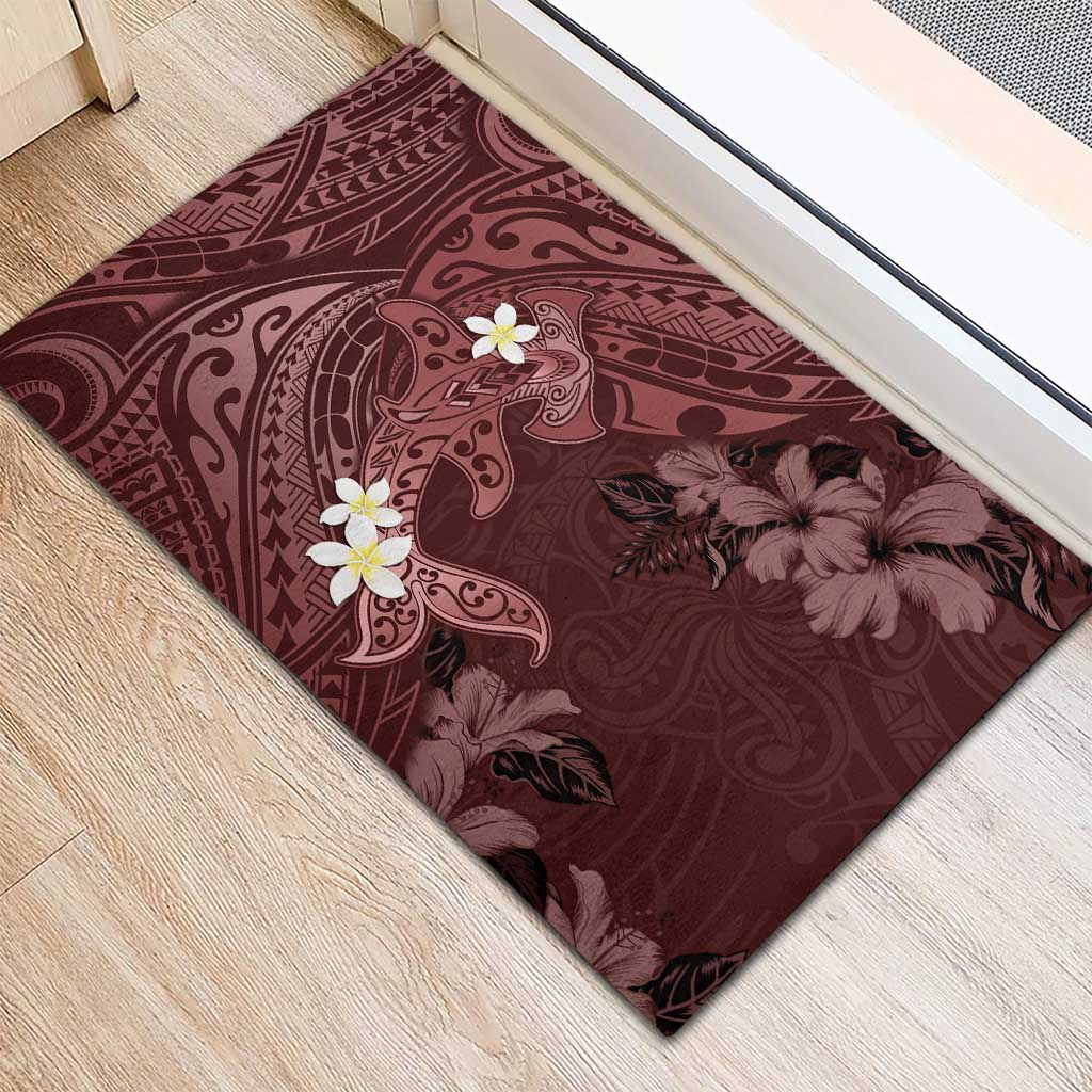 Polynesia Hammerhead Shark Rubber Doormat Tropical Flowers Tribal Pattern Oxblood LT05 - Polynesian Pride