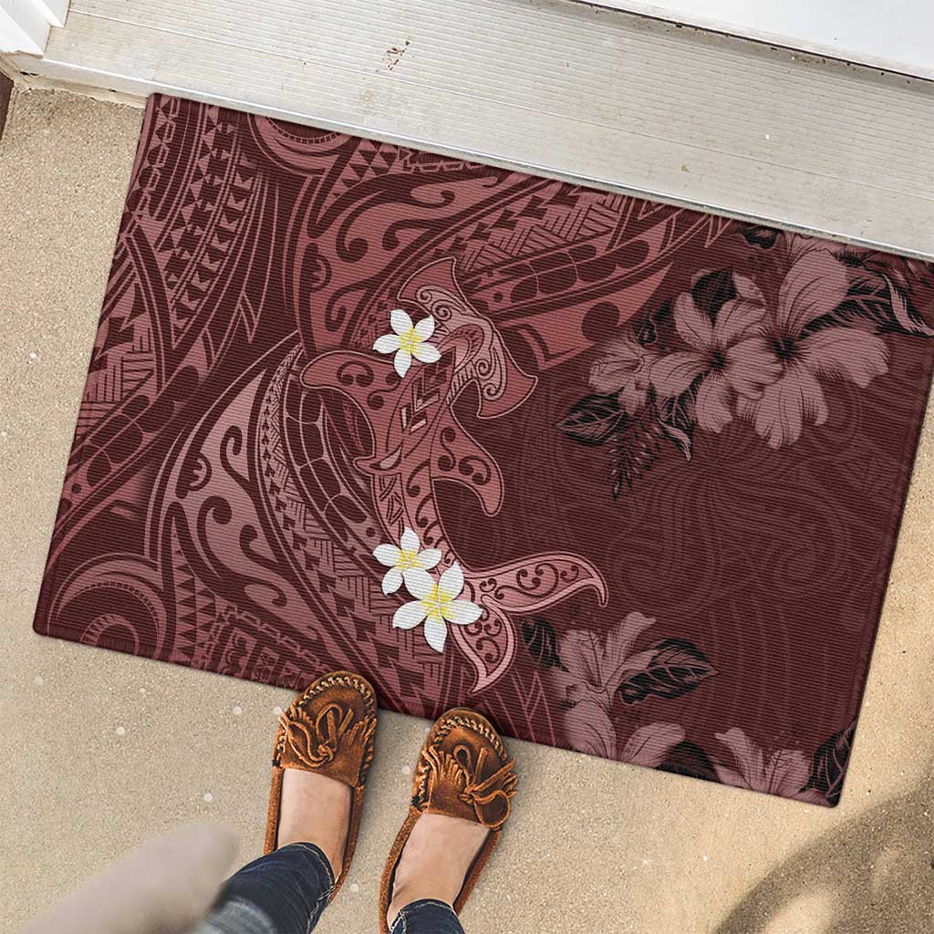 Polynesia Hammerhead Shark Rubber Doormat Tropical Flowers Tribal Pattern Oxblood LT05 - Polynesian Pride