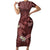 Polynesia Hammerhead Shark Short Sleeve Bodycon Dress Tropical Flowers Tribal Pattern Oxblood