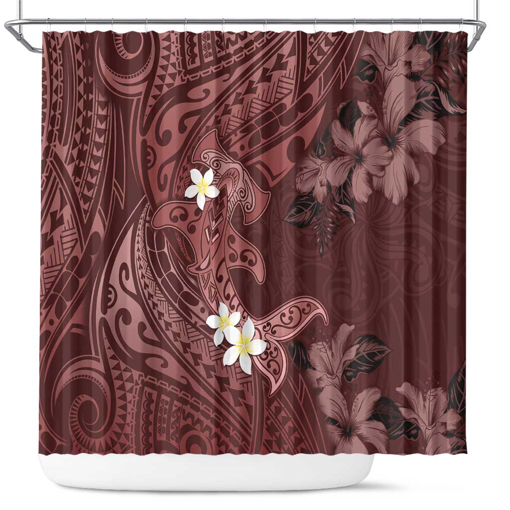 Polynesia Hammerhead Shark Shower Curtain Tropical Flowers Tribal Pattern Oxblood