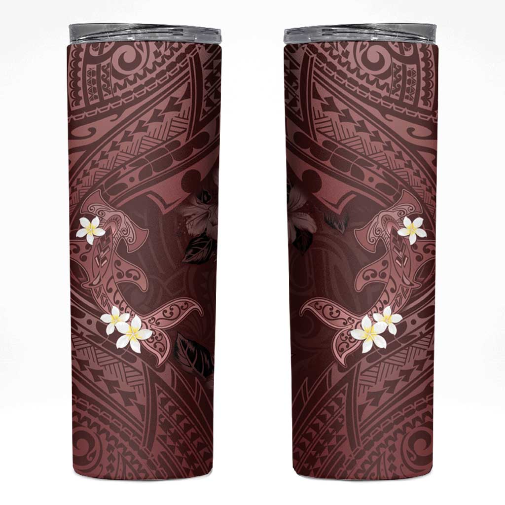 Polynesia Hammerhead Shark Skinny Tumbler Tropical Flowers Tribal Pattern Oxblood