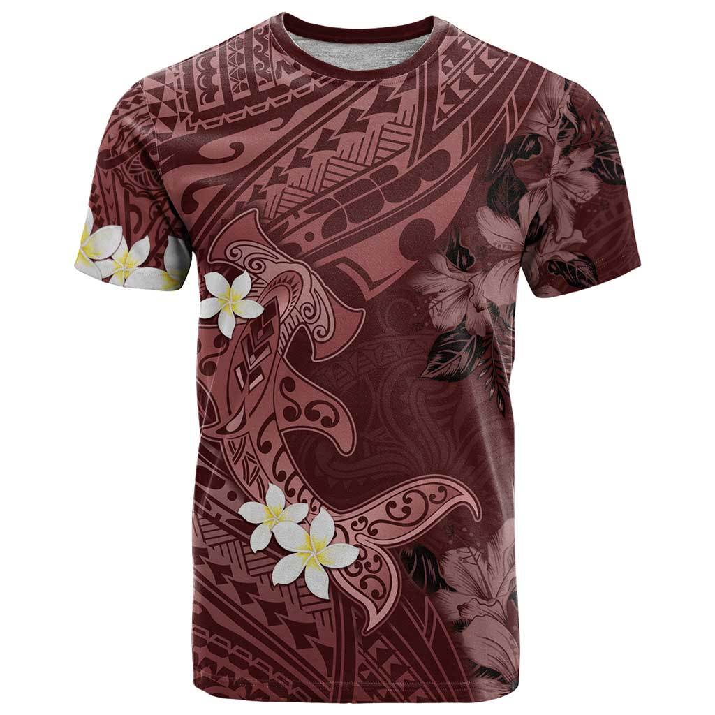Polynesia Hammerhead Shark T Shirt Tropical Flowers Tribal Pattern Oxblood