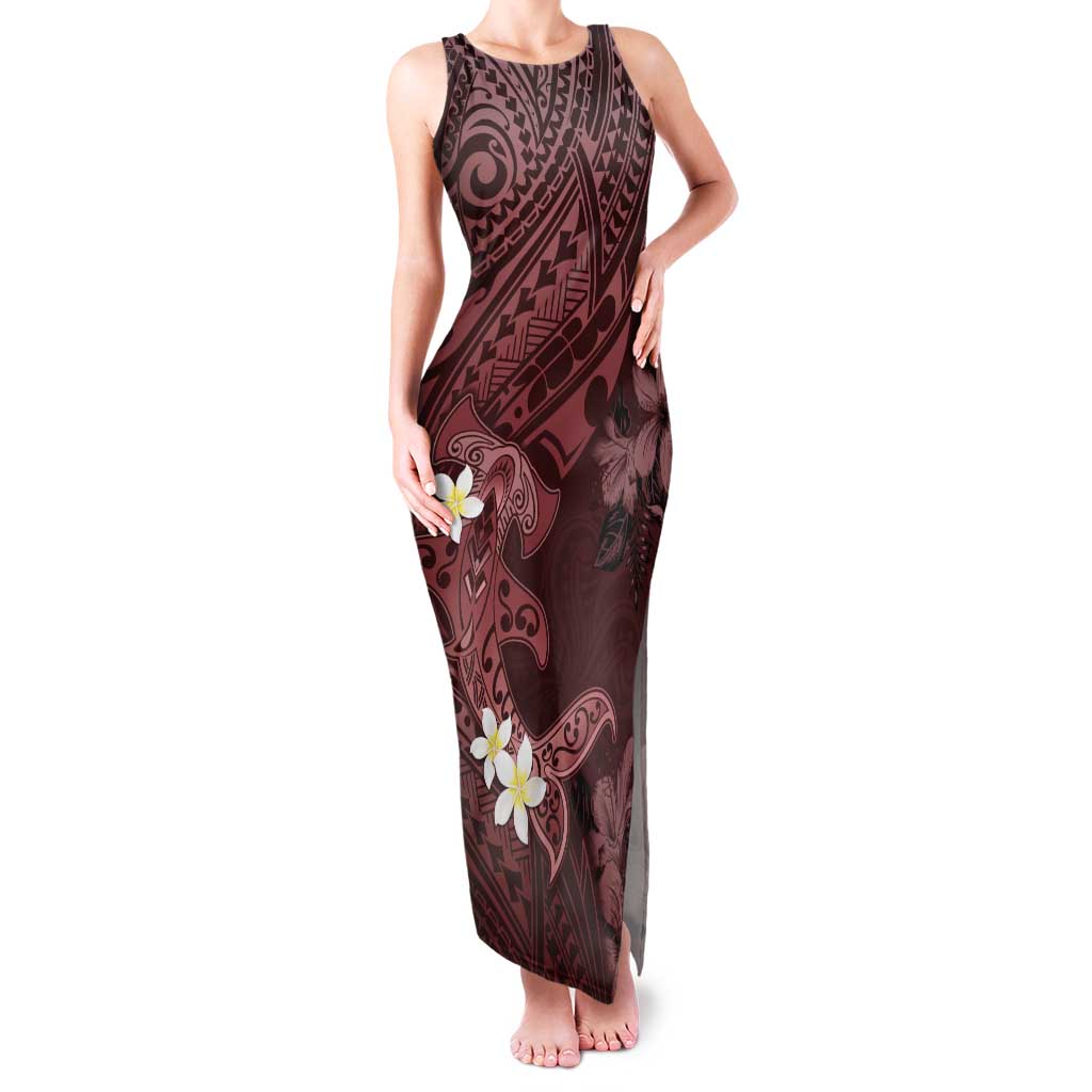 Polynesia Hammerhead Shark Tank Maxi Dress Tropical Flowers Tribal Pattern Oxblood LT05 Women Oxblood - Polynesian Pride
