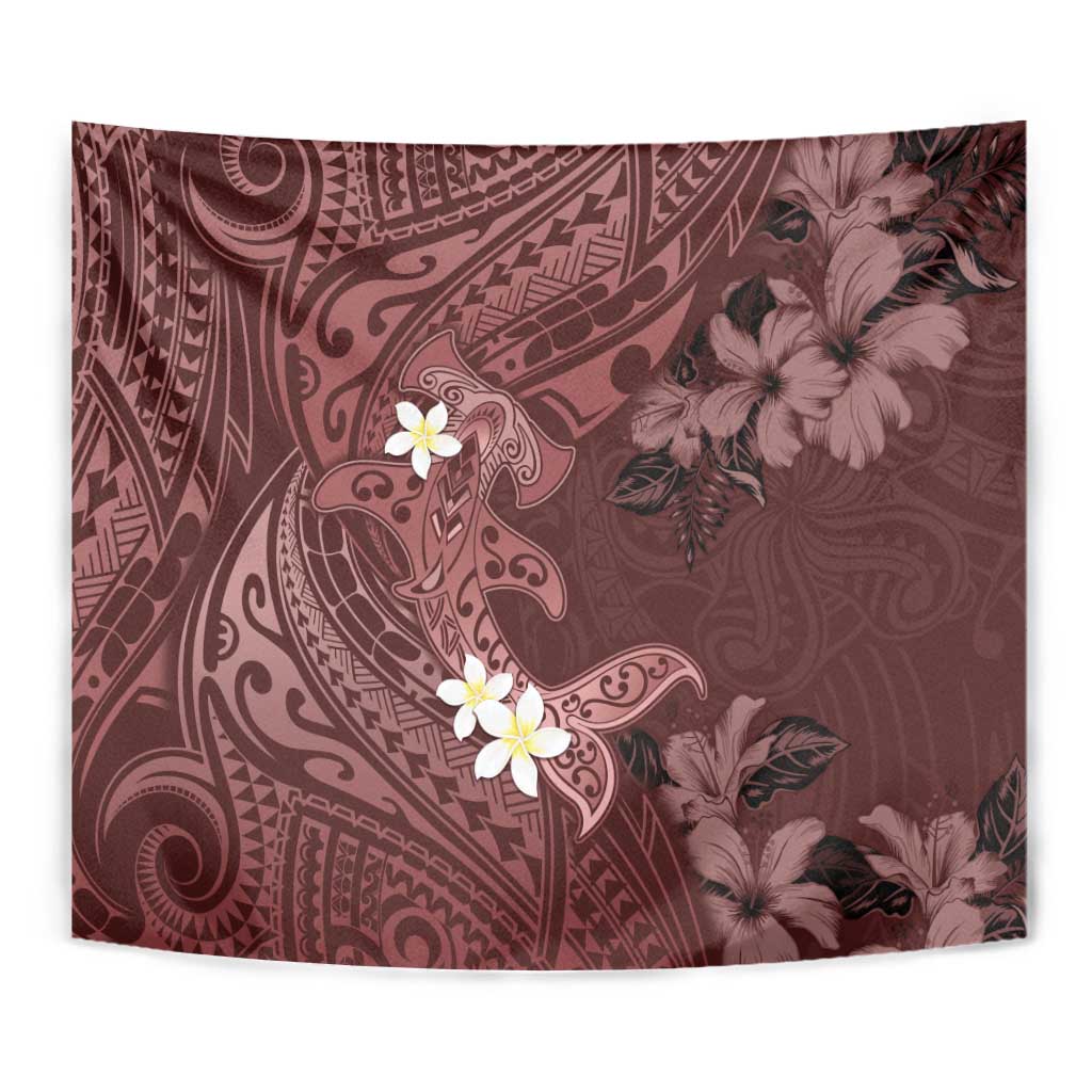 Polynesia Hammerhead Shark Tapestry Tropical Flowers Tribal Pattern Oxblood