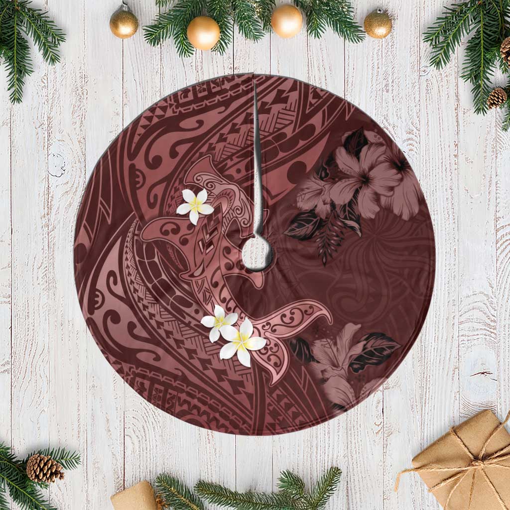 Polynesia Hammerhead Shark Tree Skirt Tropical Flowers Tribal Pattern Oxblood