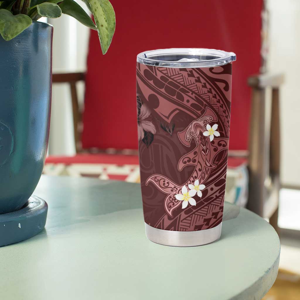 Polynesia Hammerhead Shark Tumbler Cup Tropical Flowers Tribal Pattern Oxblood LT05 - Polynesian Pride