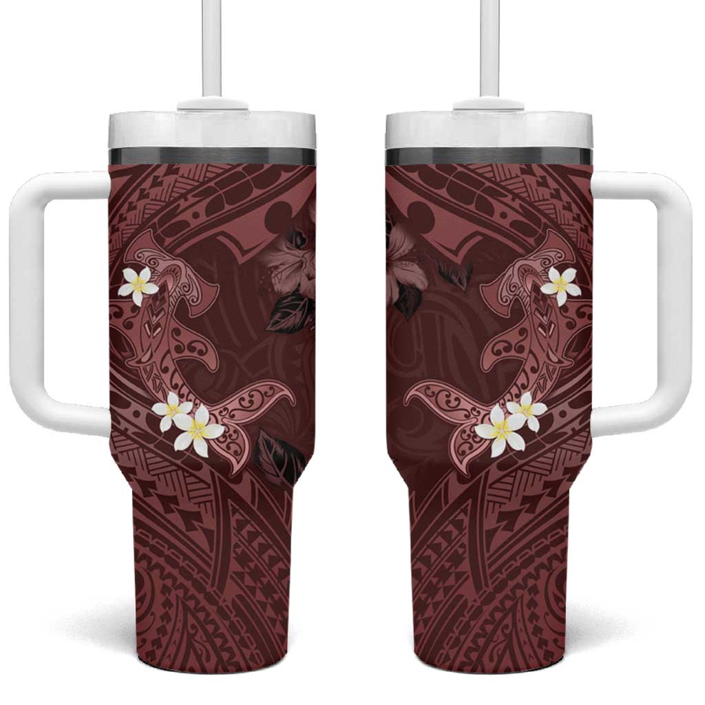 Polynesia Hammerhead Shark Tumbler With Handle Tropical Flowers Tribal Pattern Oxblood LT05 One Size: 40 oz Oxblood - Polynesian Pride